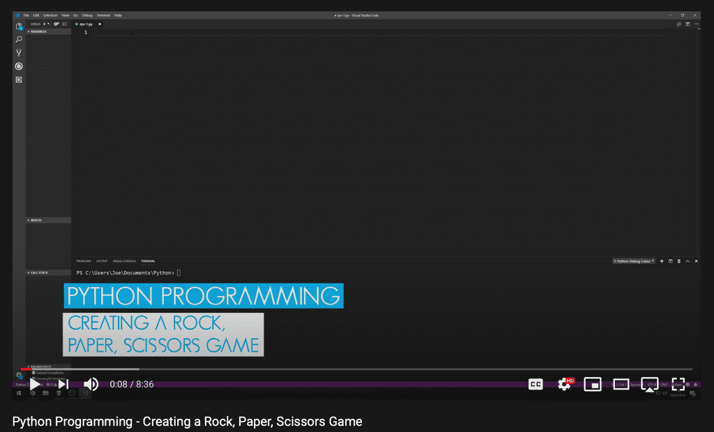Youtube tutorial on rock-paper-scissors in Python project for beginners