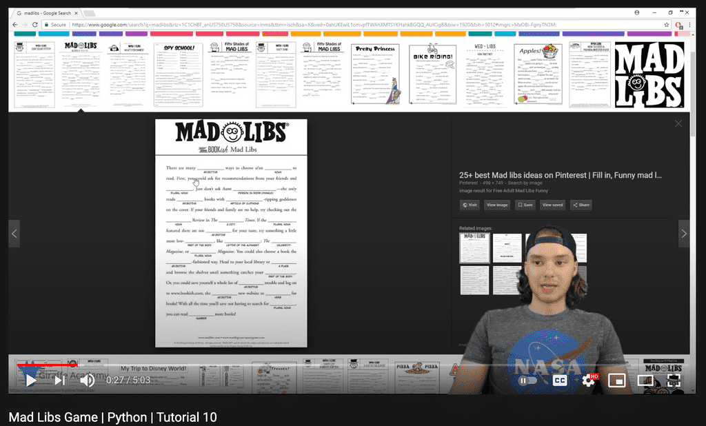 Youtube tutorial on mad libs as a Python project for beginners Youtube tutorial on mad libs as a Python project for beginners