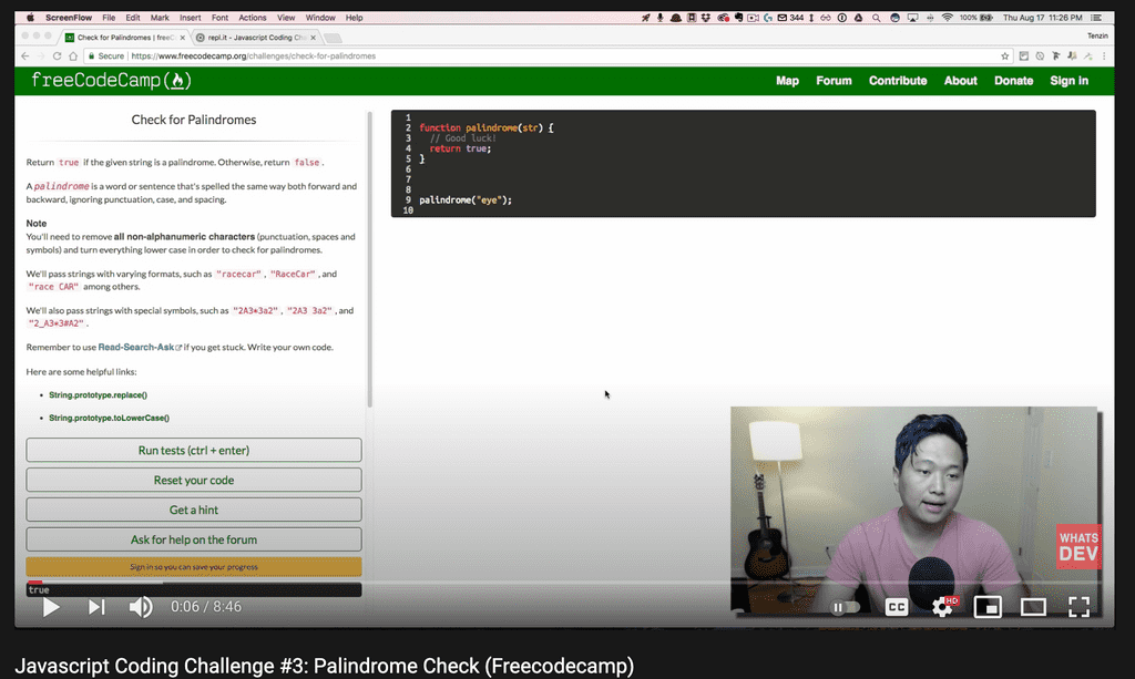 Youtube tutorial on a palindrome checker as a JavaScript project for beginners